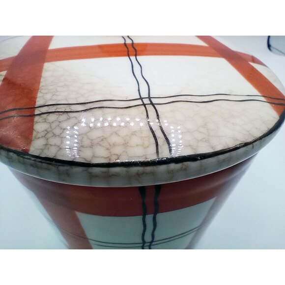 Red Plaid Storage Container Hand Painted Ceramic Crazed Vintage Takito Company - Picture 5 of 16